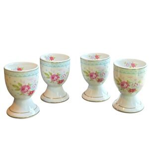 Vtg Floral Porcelain Egg Cups Set of 4 Pink Rose Victorian Cottagecore Serveware